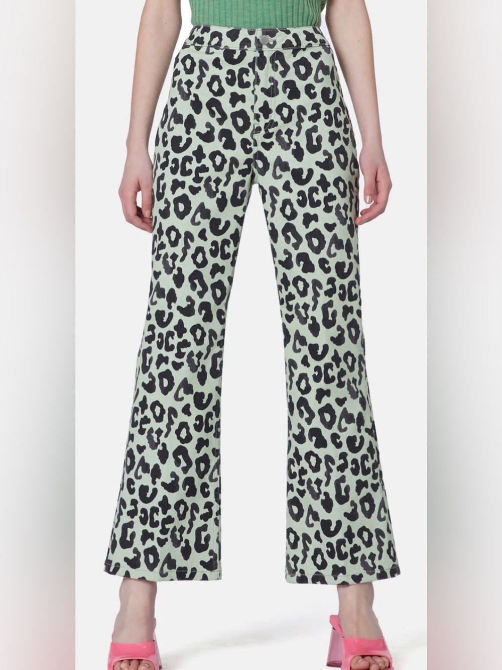 Gorman Green Leopard Print Cropped Jeans Pink Logo Patch Size 10